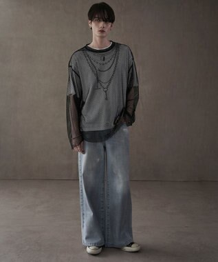 WEGO シルバープリントバギーフレアデニム デニム淡色