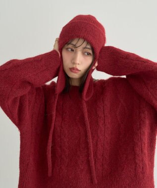 earth music&ecology モヘヤタッチケーブルニットプルオーバー レッド