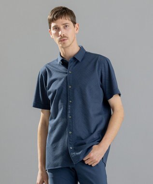 JOSEPH HOMME ブロークンヘリンボンジャージー　レギュラーカラー半袖シャツ ダルブルー系