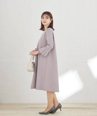 Tiaclasse L シフォンフレア袖スポンジニットワンピース グレージュ