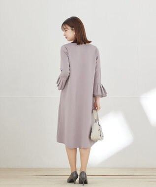 Tiaclasse L シフォンフレア袖スポンジニットワンピース グレージュ