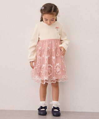 ANY KIDS バレエ刺繍チュールワンピース ホワイト×ピンク