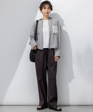 23区 【洗える】LIBECO クロップド シャツ ダークブラウンストライプ