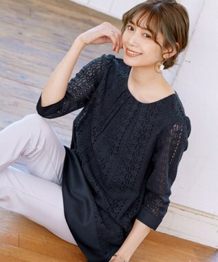 Tiaclasse L 【洗える】レースコンビチュニックブラウス ネイビー
