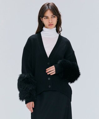BEIGE， 【洗える】CHESTER / フェイクファーVネックカーディガン Black