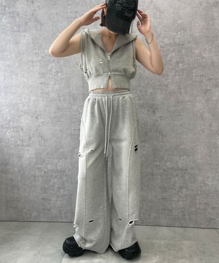 WEGO 【ウエストゴム】ヴィンテージウォッシュスウェットワイドパンツ 杢グレー