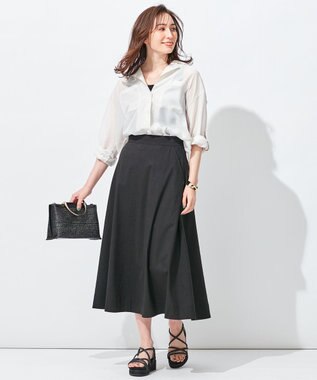 自由区 【洗える・ストレッチ素材】リネンヴィスコースストレッチ フレアスカート ブラック系