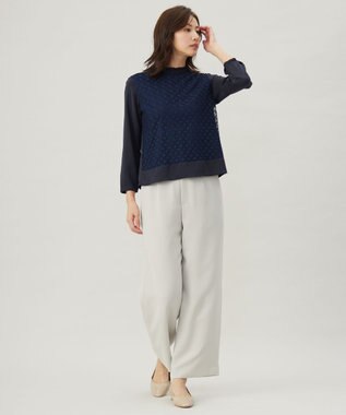 J.PRESS LADIES パウダリーツイルレースコンビ カットソー ネイビー系