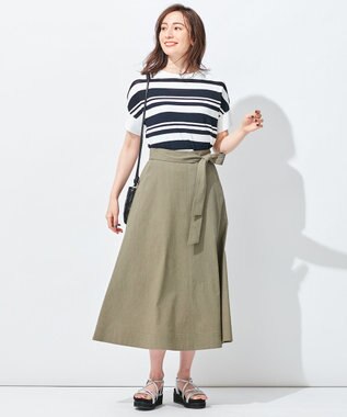 自由区 【洗える・ストレッチ素材】リネンヴィスコースストレッチ フレアスカート カーキ系