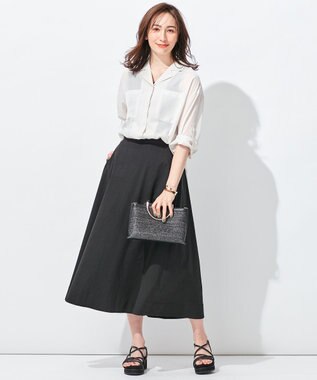 自由区 【洗える・ストレッチ素材】リネンヴィスコースストレッチ フレアスカート ブラック系