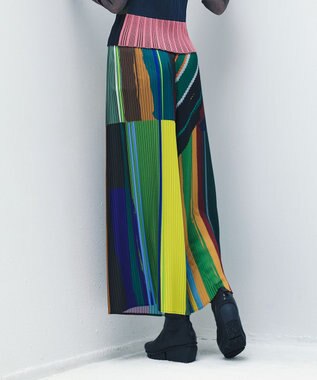 COQ DIALOGUE 前後2WAYプリーツパンツ グリーンマルチカラーストライプ