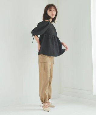 Feroux 【洗える】フクレジャガードチュニック ブラウス ブラック系