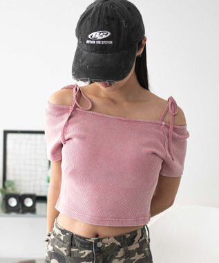 WEGO ヴィンテージウォッシュオフショルちびT ライトピンク