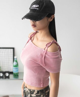 WEGO ヴィンテージウォッシュオフショルちびT ライトピンク