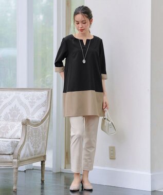 Tiaclasse L 【洗える】バイカラーチュニック ブラック×ベージュ