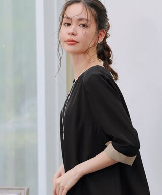 Tiaclasse L 【洗える】バイカラーチュニック ブラック×ベージュ