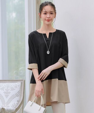 Tiaclasse L 【洗える】バイカラーチュニック ブラック×ベージュ