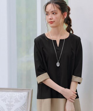 Tiaclasse L 【洗える】バイカラーチュニック ブラック×ベージュ