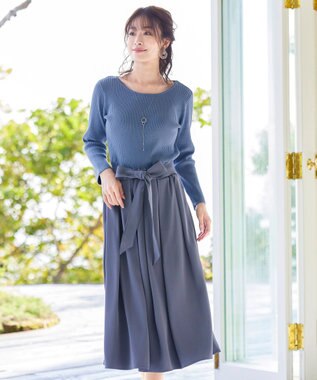 Tiaclasse L 【洗える】異素材を組み合わせたミモレ丈リブコンビワンピース ブルー×ブルー