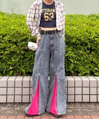 WEGO 【ユニセックス着用ITEM】ジャージドッキングZIPデニムパンツ ピンク