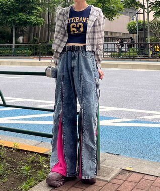 WEGO 【ユニセックス着用ITEM】ジャージドッキングZIPデニムパンツ ピンク