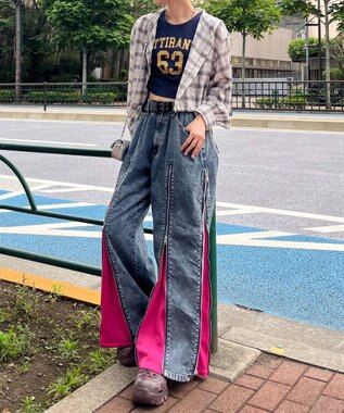 WEGO 【ユニセックス着用ITEM】ジャージドッキングZIPデニムパンツ ピンク