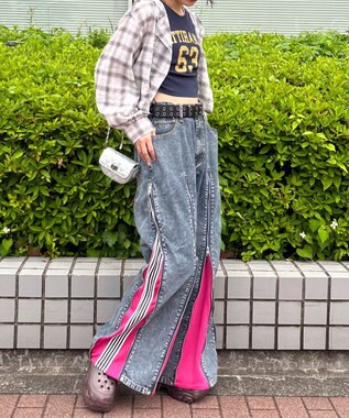 WEGO 【ユニセックス着用ITEM】ジャージドッキングZIPデニムパンツ ピンク