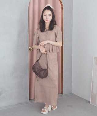 earth music&ecology ＳＥＴ２点レース編みペプラムカーデ＋スカート Pink Beige