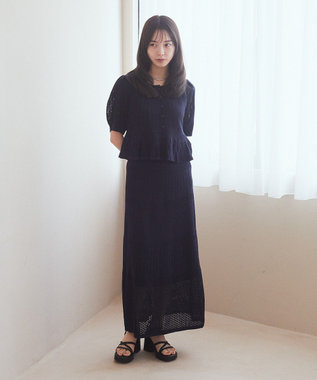 earth music&ecology ＳＥＴ２点レース編みペプラムカーデ＋スカート Navy