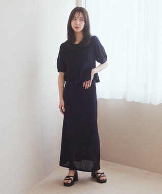 earth music&ecology ＳＥＴ２点レース編みペプラムカーデ＋スカート Navy