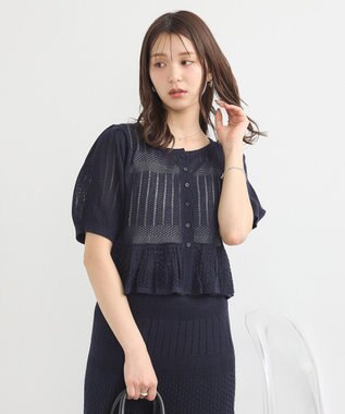 earth music&ecology ＳＥＴ２点レース編みペプラムカーデ＋スカート Navy