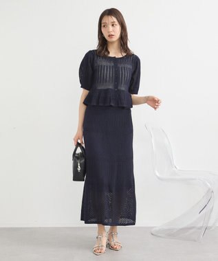 earth music&ecology ＳＥＴ２点レース編みペプラムカーデ＋スカート Navy