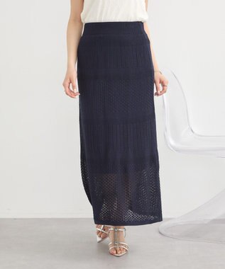 earth music&ecology ＳＥＴ２点レース編みペプラムカーデ＋スカート Navy