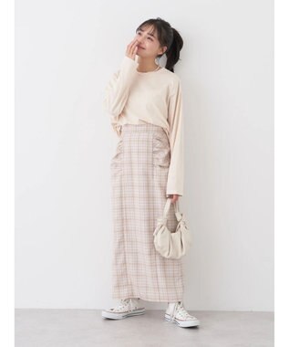 earth music&ecology ギャザーナロースカート Check Beige