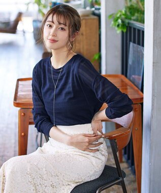 Tiaclasse 【インナーセット・洗える】ボーダー編みシアーニットアンサンブル ネイビー