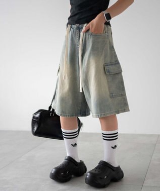 WEGO ドロストカーゴハーフパンツ デニム淡色