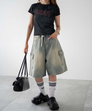 WEGO ドロストカーゴハーフパンツ デニム淡色