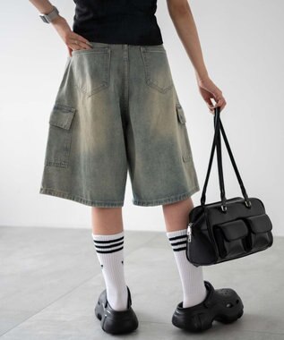 WEGO ドロストカーゴハーフパンツ デニム淡色