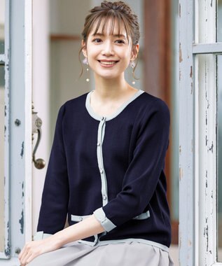 Tiaclasse 【洗える】配色使い総針袖リボンカーデ ネイビー×グレー