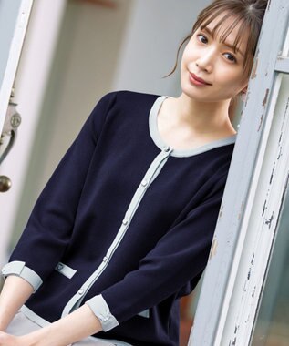 Tiaclasse 【洗える】配色使い総針袖リボンカーデ ネイビー×グレー