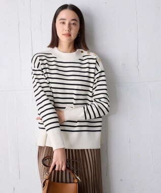 UNFILO 肩釦ハイネックニット オフ×ブラック