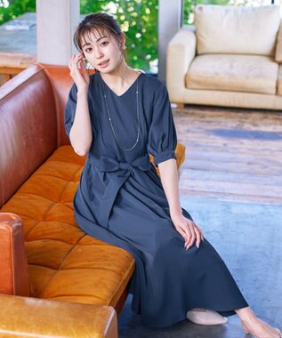 Tiaclasse L 【洗える】パフスリーブワンピース ダークブルー