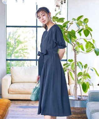 Tiaclasse L 【洗える】パフスリーブワンピース ダークブルー