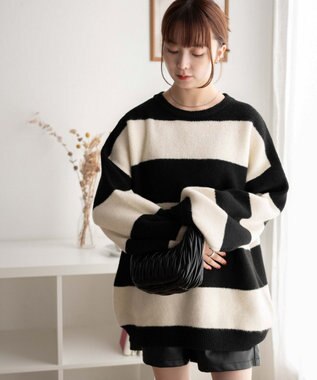 WEGO ボーダーフラッフィービッグニット ブラックボーダー