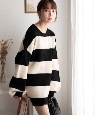 WEGO ボーダーフラッフィービッグニット ブラックボーダー