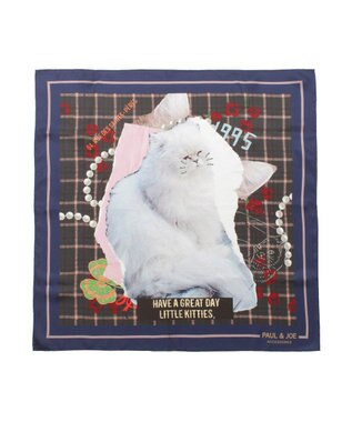 MOONBAT 【WEB限定】PAUL & JOE ACCESSOIRES シルクツイル キャットコラージュスカーフ 58×58cm Little Kitties(ネイビーブルー)