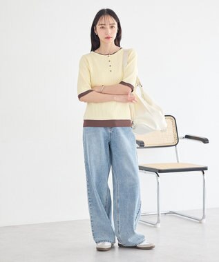 earth music&ecology ヘンリーネック半袖ニットプルオーバー Yellow