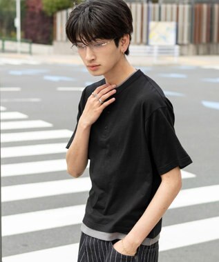 WEGO 【ユニセックス着用ITEM/MLサイズ展開】フェイクレイヤードヘンリーネックT（SS） ブラック