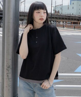 WEGO 【ユニセックス着用ITEM/MLサイズ展開】フェイクレイヤードヘンリーネックT（SS） ブラック