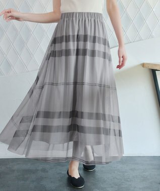 Tiaclasse L チュールレースチェックスカート グレー